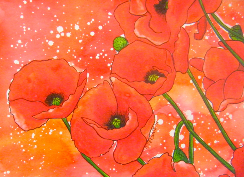 Red Poppies Watercolour pencil and ink on paper 200mm x 300mm AUD$200