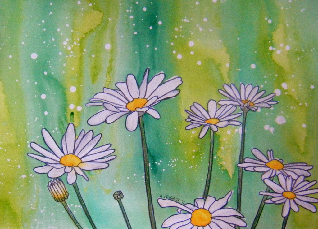 White Daisies Watercolour pencil and ink on paper 200mm x 300mm. AUD$200